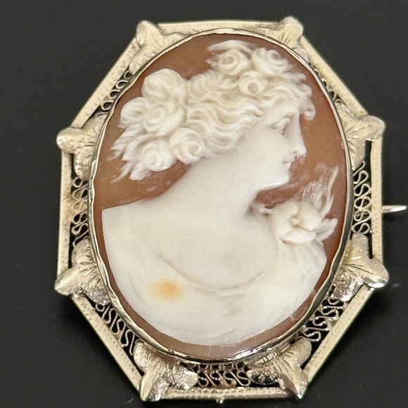 Vintage 14K Solid White Gold Hand Carved Cameo Shell Woman Floral Brooch Pin - Picture 1 of 12